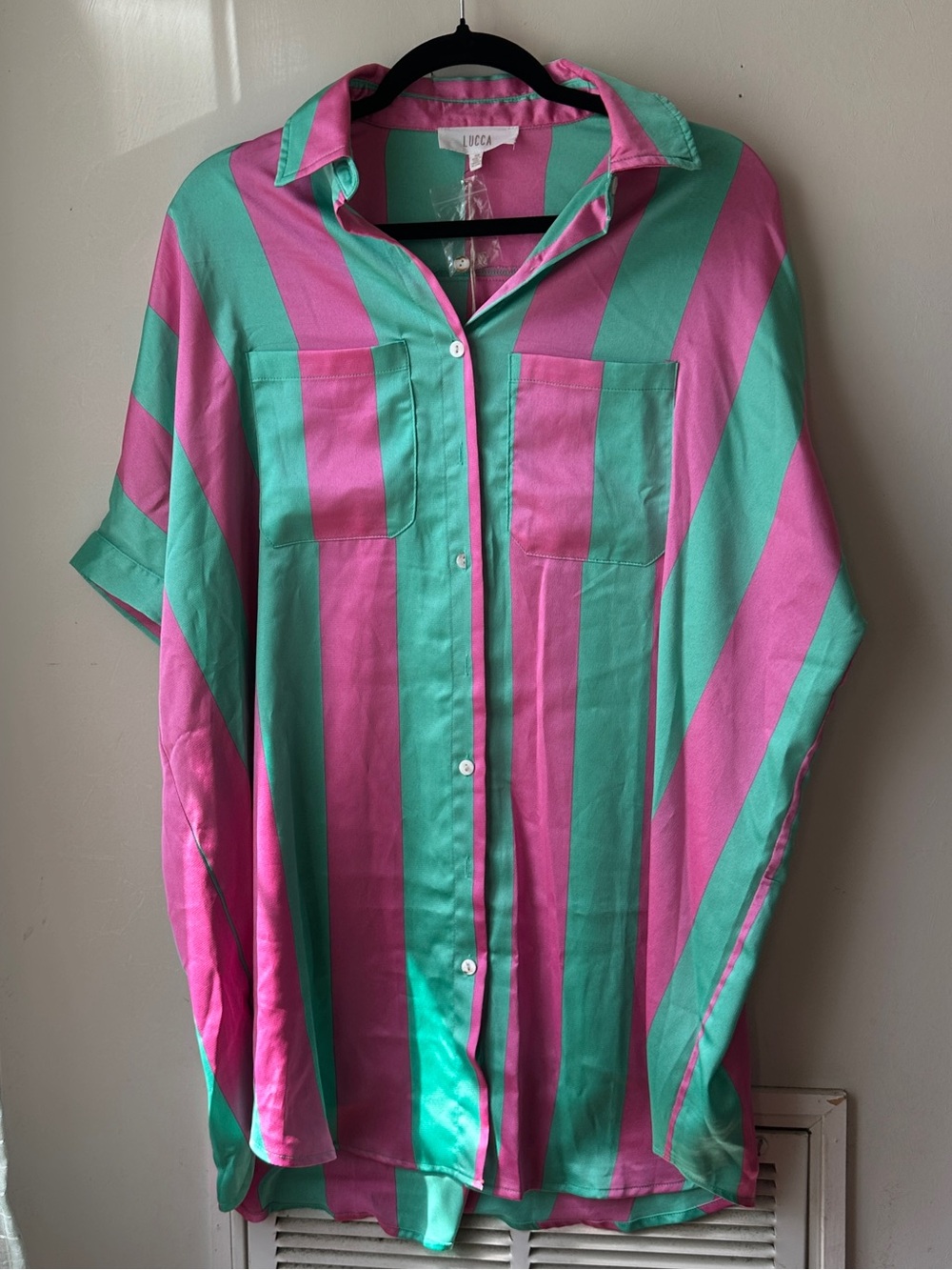 Pink and Mint Green Striped Button-Down Tunic Cover Up Dress